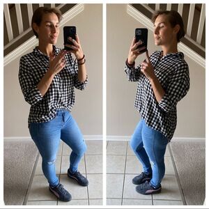American Eagle Popover Plaid Shirt Oversized Fit Black White Small